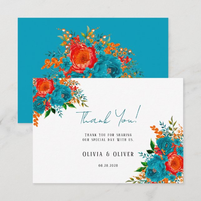 Teal Orange Botanical Floral Wedding Thank You  (Front/Back)