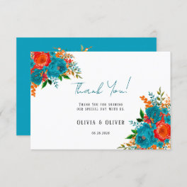 Teal Orange Botanical Floral Wedding Thank You