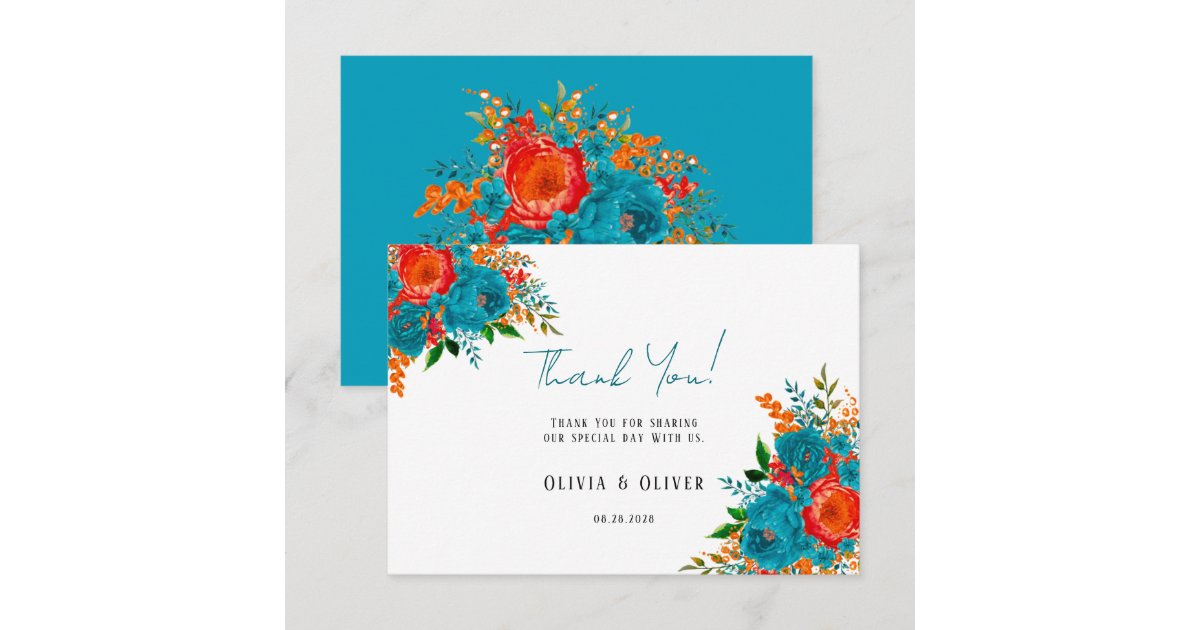 Teal Orange Botanical Floral Wedding Thank You Card | Zazzle