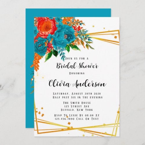 Teal Orange Botanical Florals Gold Bridal Shower I Invitation