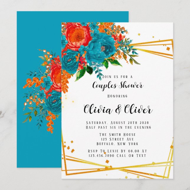 Teal Orange Botanical Florals Gold Couples Shower  Invitation (Front/Back)