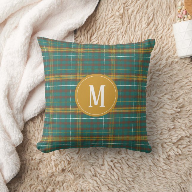 Teal Orange Brown Monogrammed Twill Plaid Pattern Throw Pillow (Blanket)