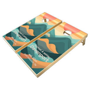 Teal Orange Brown Mountains Name Est. Date City Cornhole Set
