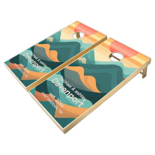 Teal Orange Brown Mountains Name Est Date City Cornhole Set