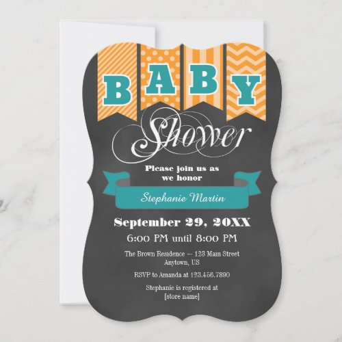 Teal Orange Chalkboard Flag Baby Shower Invite