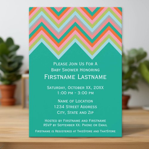 Teal &amp; Orange Chevron Pattern Baby Shower Custom Invite