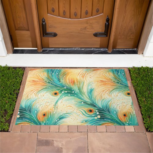 Teal Orange Cream Peacock Feathers Doormat