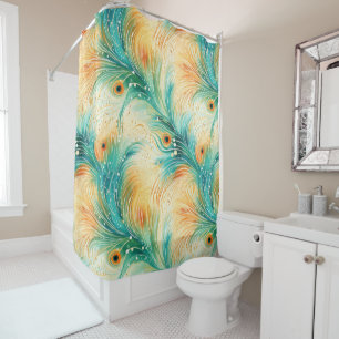 Teal Orange Cream Peacock Feathers Shower Curtain