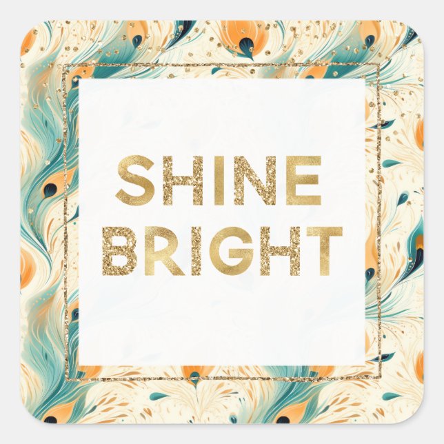 Teal Orange Cream Peacock Glitter Shine Square Sticker (Front)