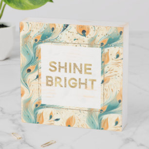 Teal Orange Cream Peacock Glitter Shine Wooden Box Sign