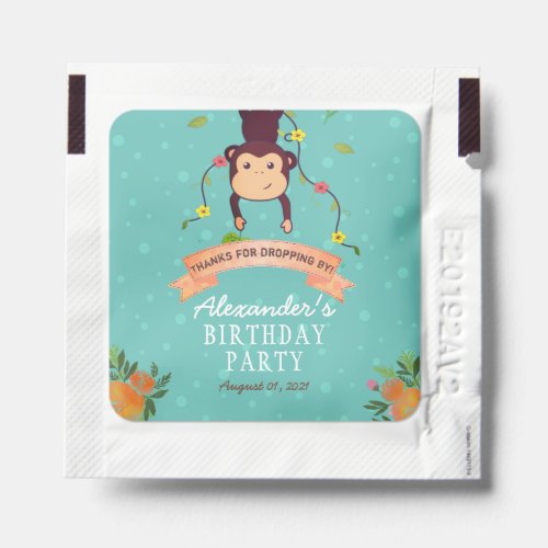 Teal  Orange Cute Customizable Monkey Birthday Hand Sanitizer Packet