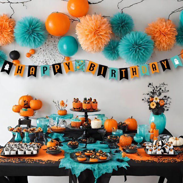 Teal & Orange Cute Ghost Halloween Candy Birthday Bunting Flags (Creator Uploaded)