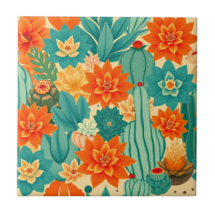 Teal Orange Desert Cactus Bloom Ceramic Tile