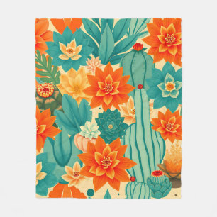 Teal Orange Desert Cactus Bloom Fleece Blanket