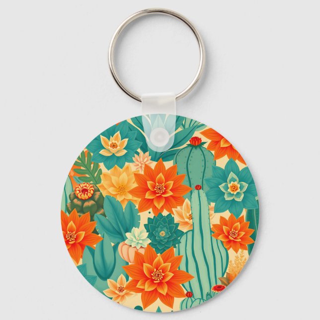 Teal Orange Desert Cactus Bloom Keychain (Front)