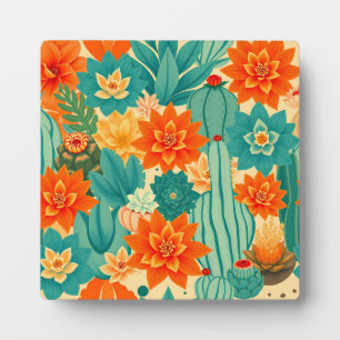Teal Orange Desert Cactus Bloom Plaque