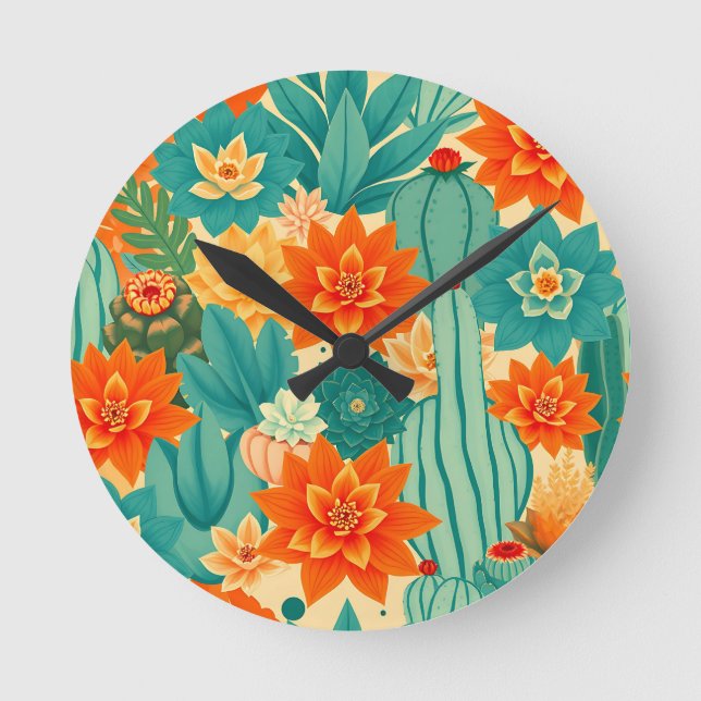 Teal Orange Desert Cactus Bloom Round Clock (Front)