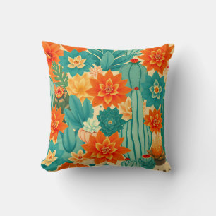 Teal Orange Desert Cactus Bloom Throw Pillow