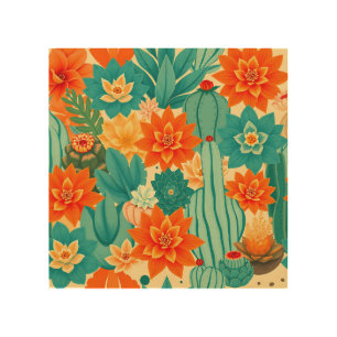 Teal Orange Desert Cactus Bloom Wood Wall Art