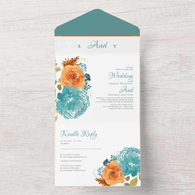 Teal Orange Fall  Floral Terracotta Boho Wedding  All In One Invitation (Inside)