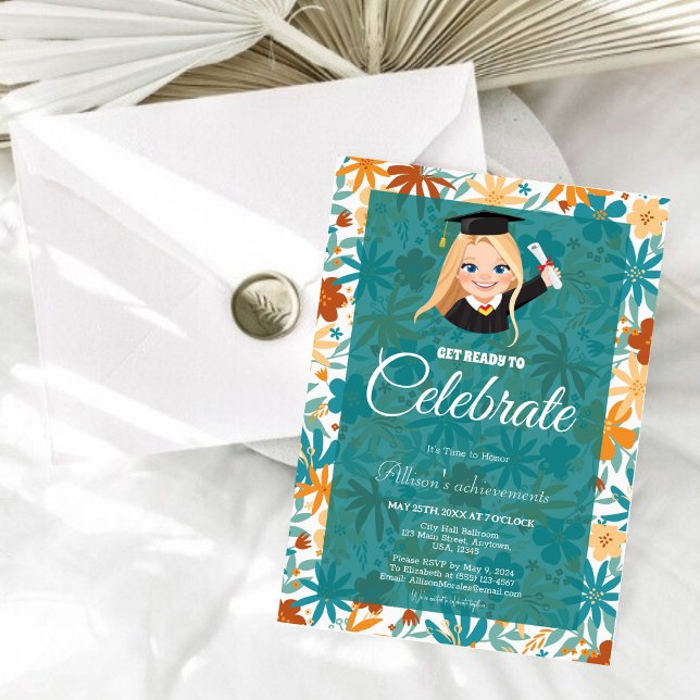 Teal Orange Floral Blonde Girl Graduation  Invitation (Creator Uploaded)
