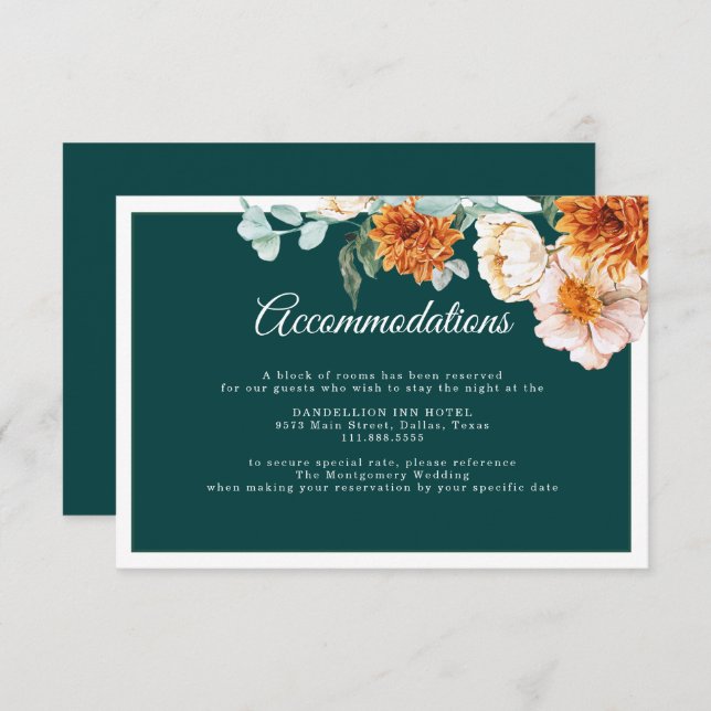 Teal Orange Floral Fall Wedding Accommodations  Enclosure Card (Front/Back)