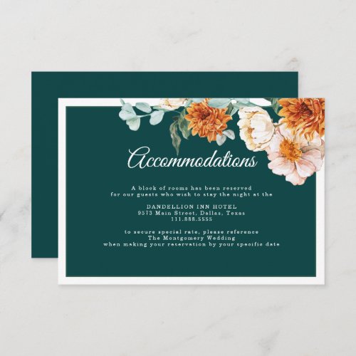 Teal Orange Floral Fall Wedding Accommodations  Enclosure Card
