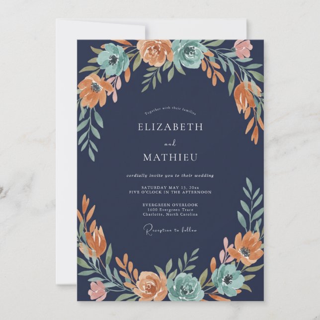 Teal Orange Floral Flourish Wedding Invitation (Front)
