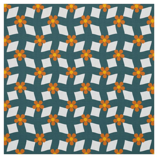 Teal Orange Floral Grid Poplin Fabric (Swatch)
