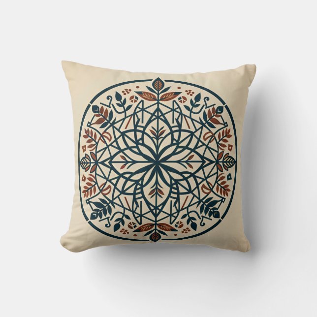 Teal Orange Floral Medallion Throw Pillow (Front)