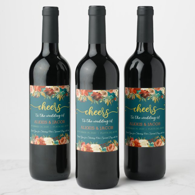 Teal & Orange Floral Wedding Wine Bottle Label (Bottles)