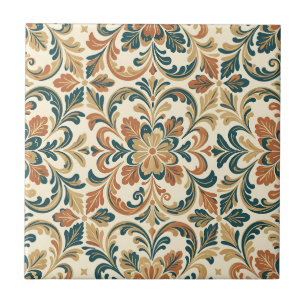 Teal Orange Folk Floral Damask Pattern Ceramic Tile