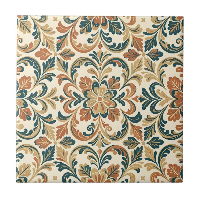 Teal Orange Folk Floral Damask Pattern Ceramic Tile (Front)