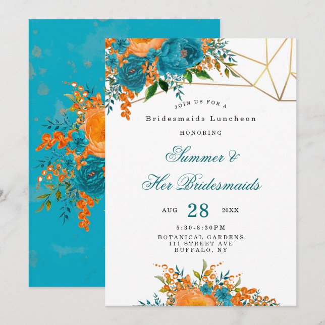 Teal Orange Gold Floral Bridesmaids Luncheon Invitation (Front/Back)