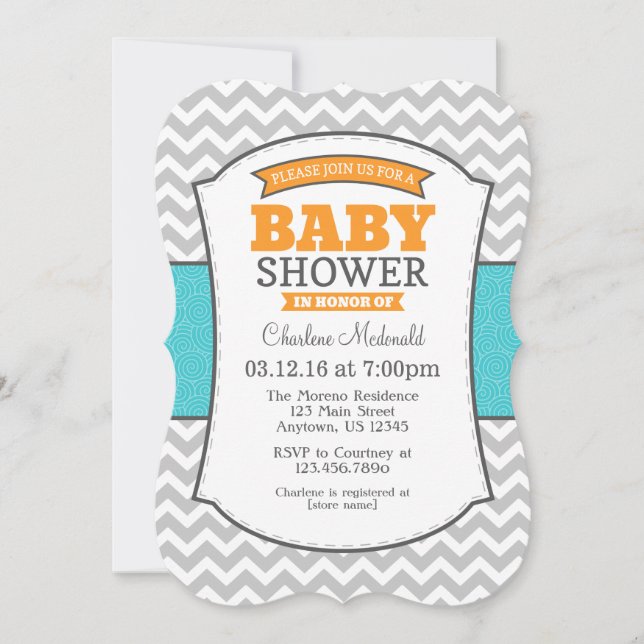 Teal Orange Gray Chevron Baby Shower Invitation (Front)