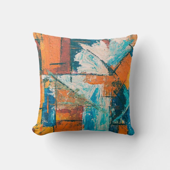 Teal & Orange Impasto Abstract Throw Pillow (Front)