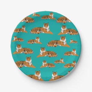 Teal Orange Jungle Tiger Animal Pattern Paper Plates