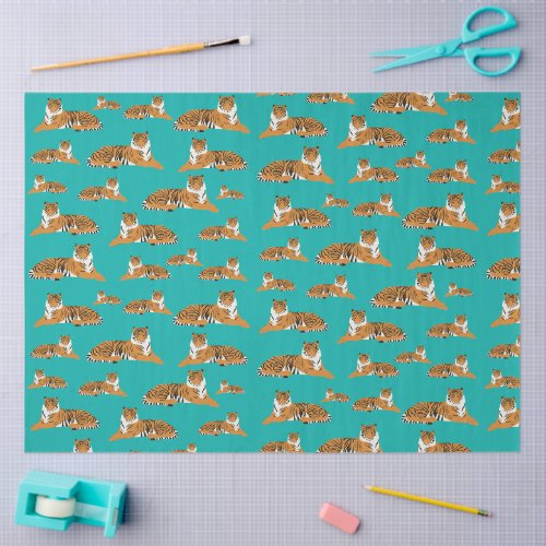 Teal Orange Jungle Tiger Animal Pattern Tissue Paper