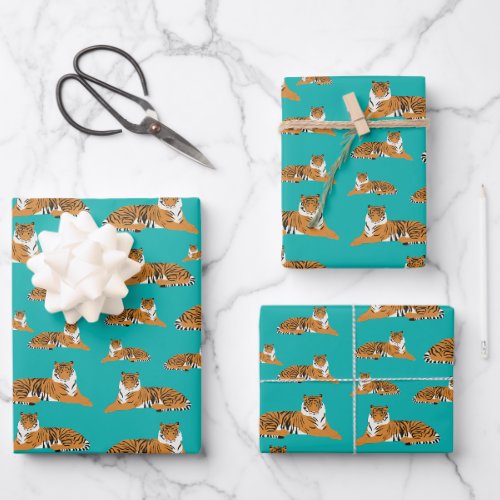 Teal Orange Jungle Tiger Animal Pattern Wrapping Paper Sheets