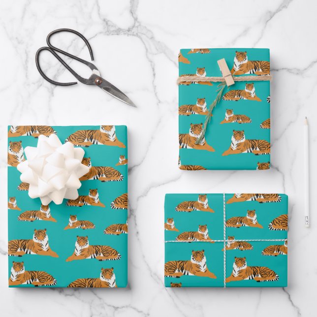 Teal Orange Jungle Tiger Animal Pattern Wrapping Paper Sheets (Front)