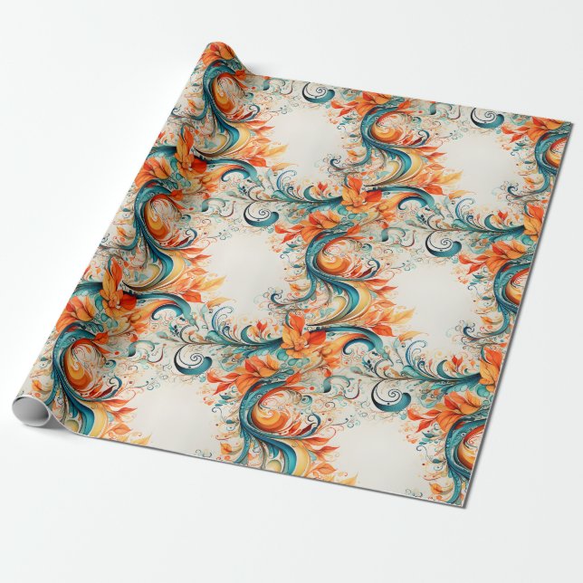 Teal & Orange Leaves Wrapping Paper (Unrolled)