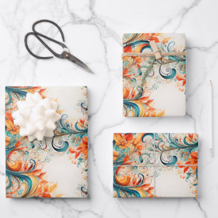 Teal & Orange Leaves Wrapping Paper Sheets