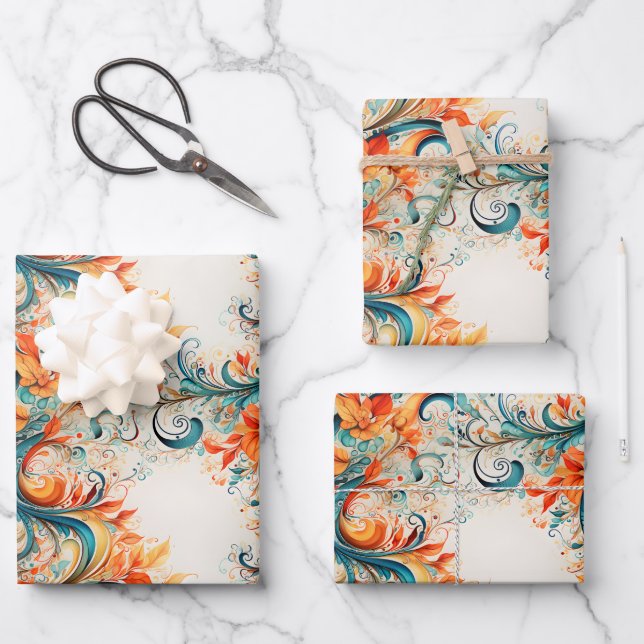 Teal & Orange Leaves Wrapping Paper Sheets (Front)