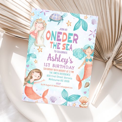 Teal Orange Mermaid Oneder The Sea 1st Birthday Invitation