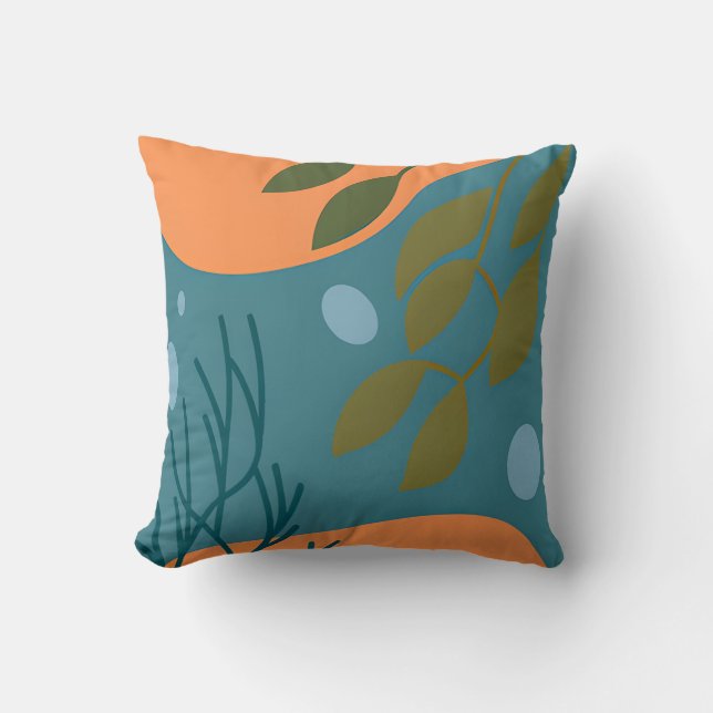 Teal Orange Mid Century Nature Throw Pillow (Front)