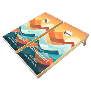 Teal Orange Mountains Name Est. Date City Cornhole Set