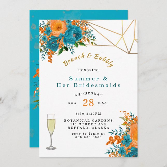 Teal Orange Painted Floral Brunch and Bubbly Invitation (Front/Back)