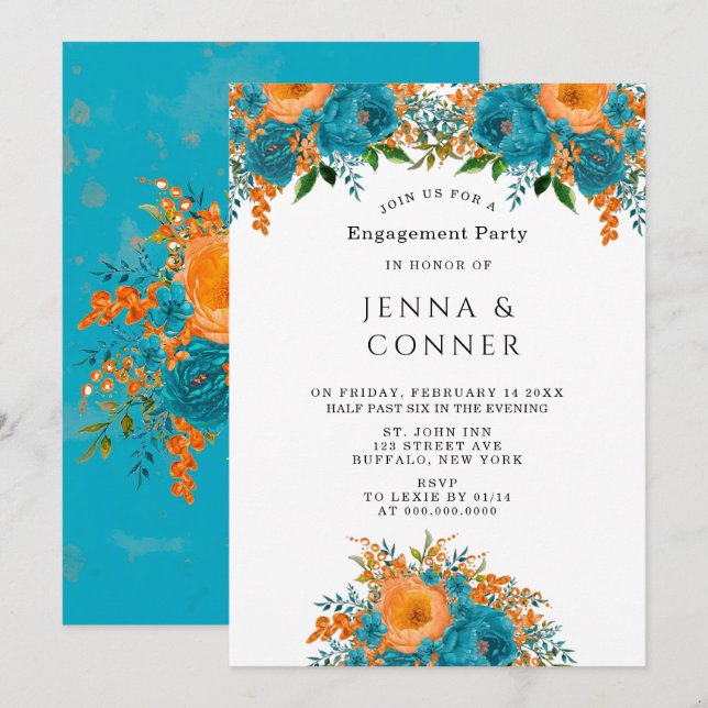 Teal Orange Painted Floral Engagement Party Invitation (Front/Back)