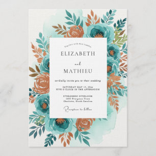 Teal Orange Painterly Bloom Wedding Invitation