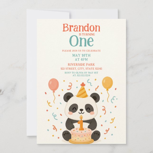 Teal & Orange Panda Cake and Balloons 1st Birthday Invitation (Front)